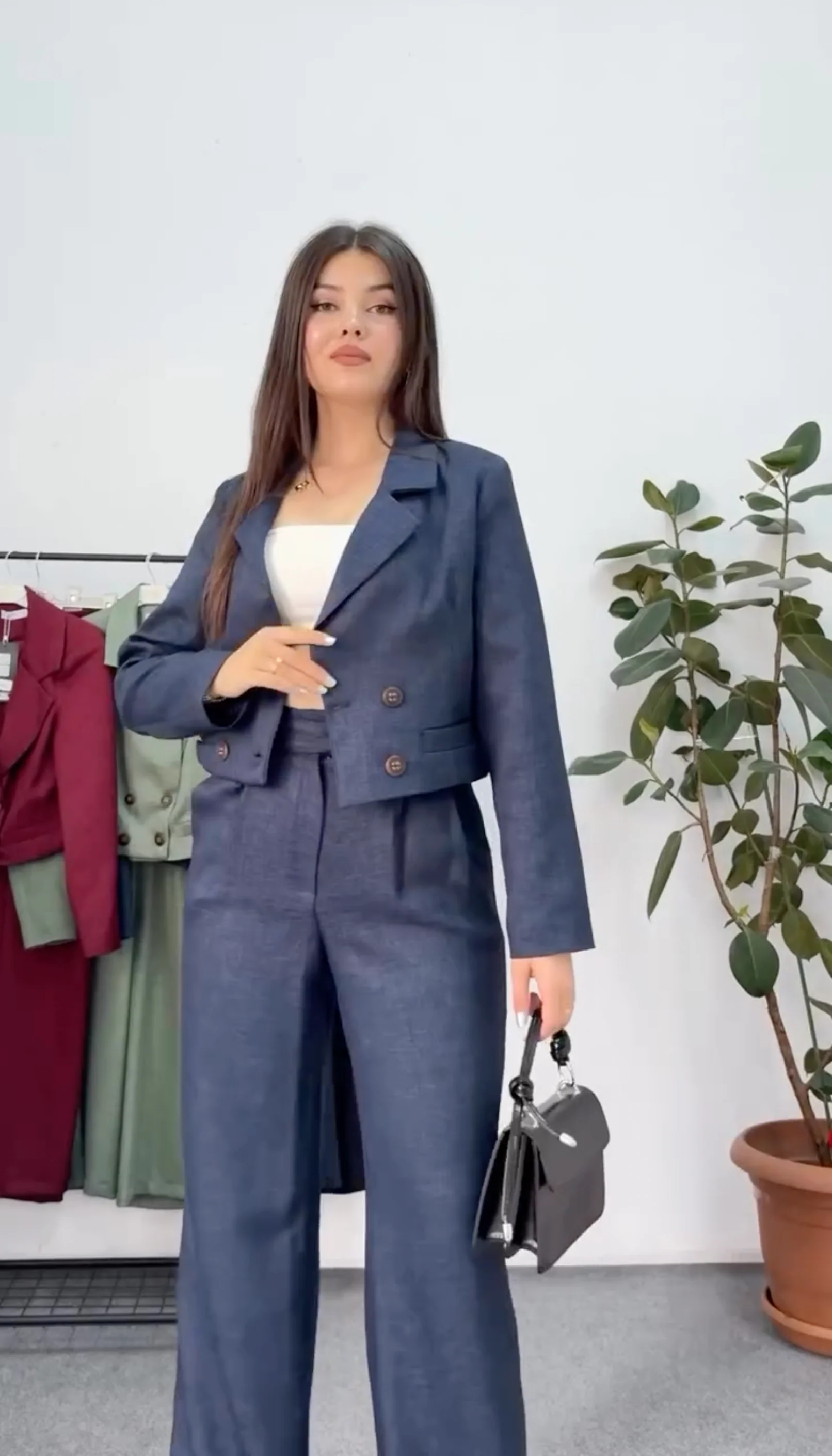French Cropped Blazer with Pants - Korean Linen - Image 2