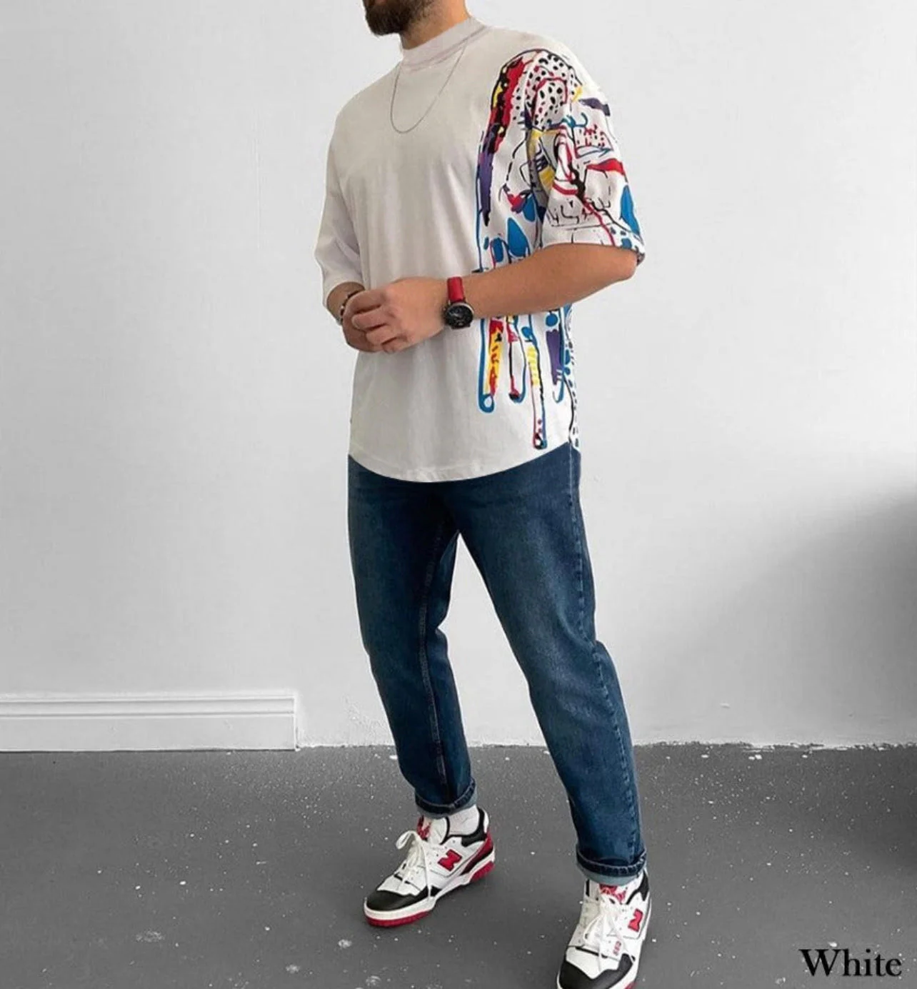 High Neck Oversize Half Paint T-Shirt - Image 5